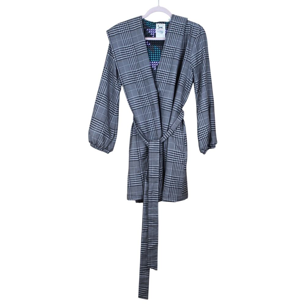 Triple Five Soul Gray Plaid 100% Wool Wrap & Tie Hooded Jacket Coat Size S